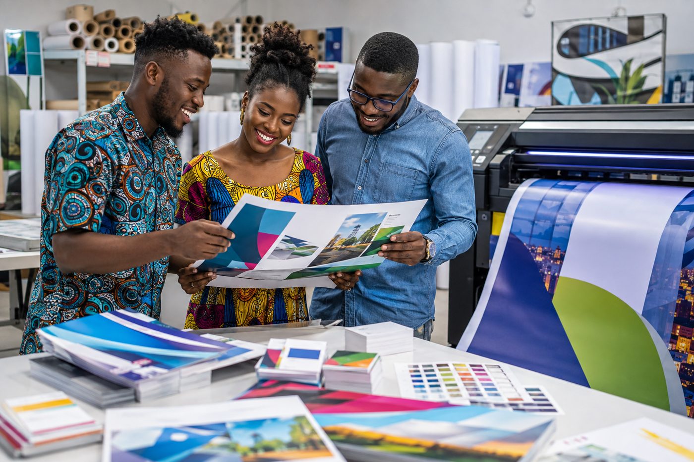 Équipe africaine contrôlant des impressions grand format dans un atelier professionnel
